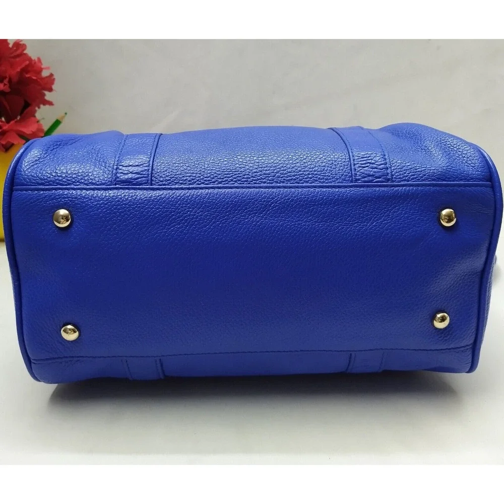 Terzetto Blue Pebbled Leather Double Handle Zipper Closure Satchel Shoulder Bag